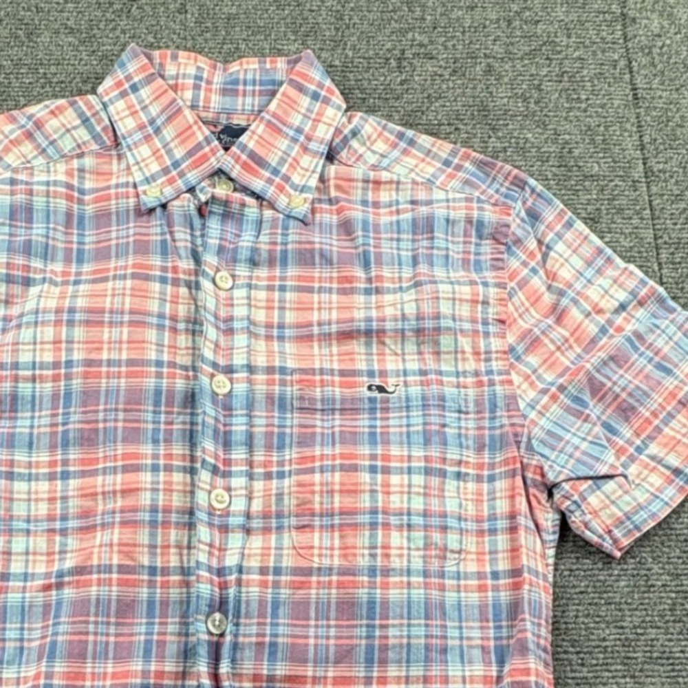 Vineyard Vines Mens XS Slim Fit Tucker Shirt Pink Blue Plaid Short Sleeve